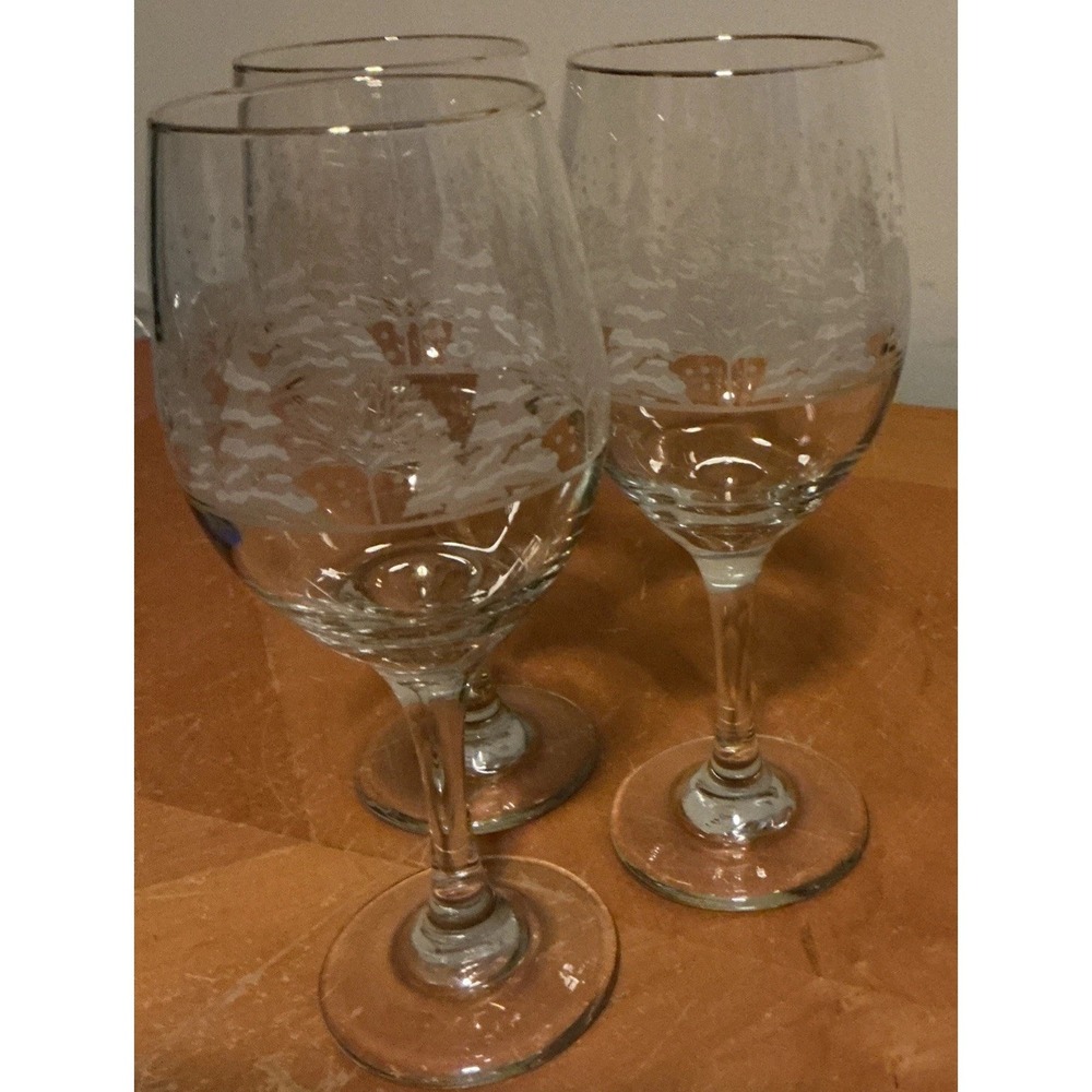 Libbey Winter Scene Set Of 3 Wine Water Glasses Frosted Trees Gold Rims - Picture 9 of 9